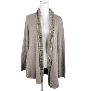 Vertical Design Brown Knit Rabbit Hair Blend Trim Open Winter Cardigan Size XL